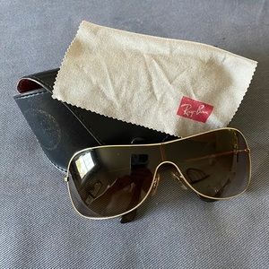 Rayban shield sunglasses size small, gold frames, brown lens